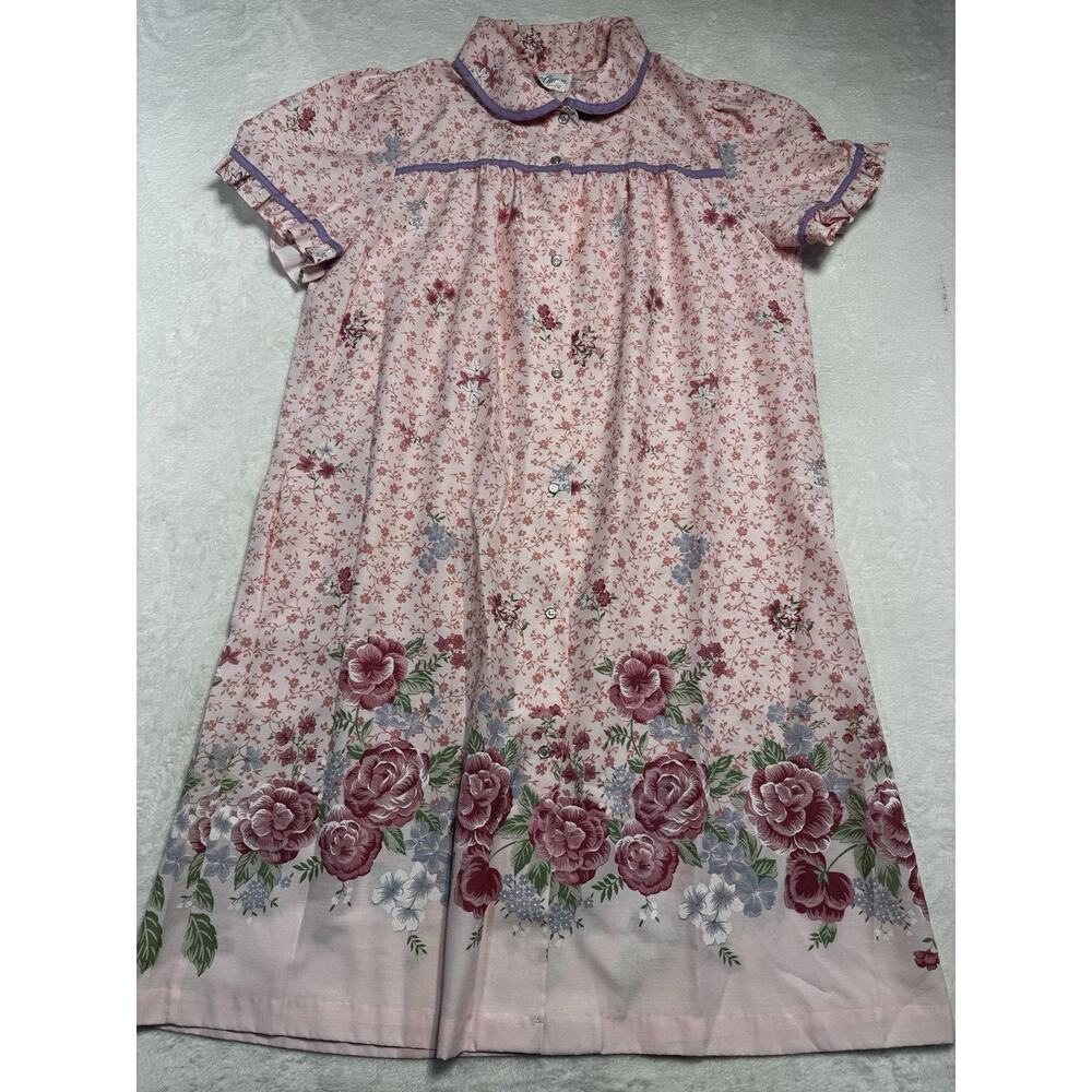 Vintage It’s A Charm Floral Housecoat Pink Cotton Button Front Size Large Made I